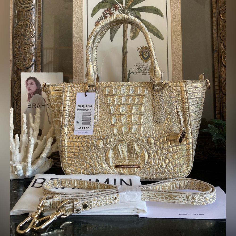 🥂⭐️HOLOGRAM MELBOURNE Brahmin SMALL ASHLEE Metallic Gold Croc-Embossed Satchel